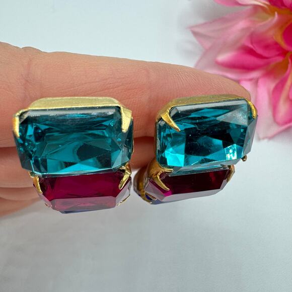 Vintage Three Rhinestone Huge Clip On Earrings Teal Fuchsia Blue 80s Mob Wife - Picture 9 of 16